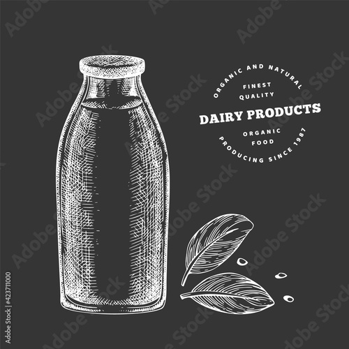 Hand drawn sketch style milk glass bottle. Organic fresh food vector illustration isolated on chalk board. Retro dairy product illustration. Engraved style rustic picture.