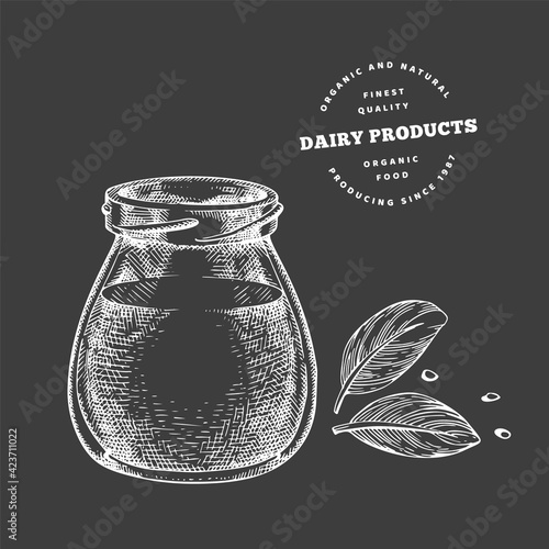 Hand drawn sketch style jar with milk, yogurt or sour cream. Organic fresh food vector illustration isolated on chalk board. Retro dairy product illustration.