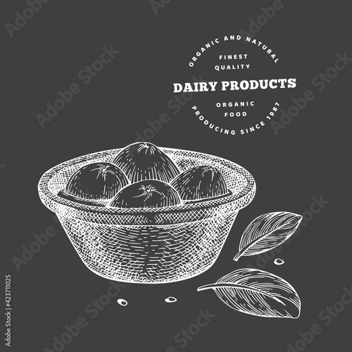 Hand drawn sketch style mozzarella cheese in bowl. Organic fresh food vector illustration isolated on chalk board. Retro dairy product illustration.