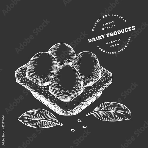 Hand drawn sketch style eggs in container. Organic fresh food vector illustration isolated on chalk board. Retro dairy product illustration.