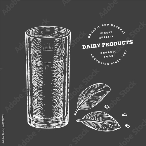 Hand drawn sketch style glass of milk. Organic fresh food vector illustration isolated on chalk board. Retro dairy product illustration. Engraved style rustic picture.