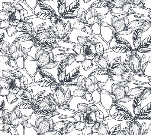 Black and white vector floral seamless pattern of magnolia flowers and branches. © natality