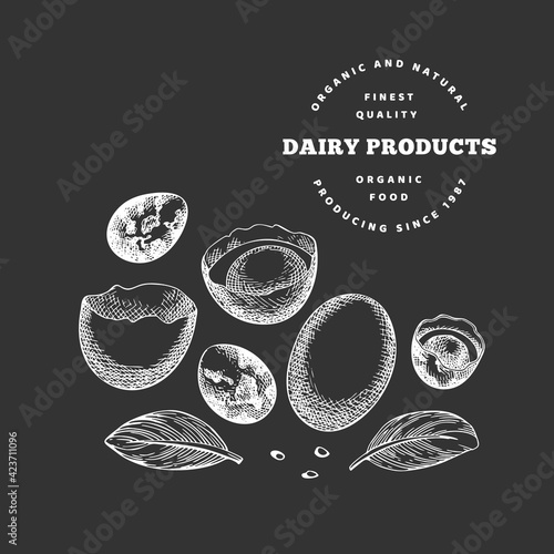 Hand drawn sketch style eggs in container. Organic fresh food vector illustration isolated on chalk board. Retro dairy product illustration.