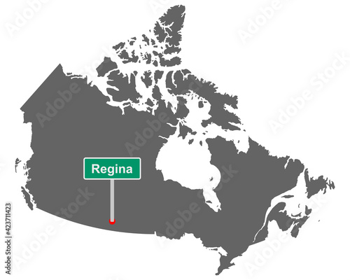 Landkarte von Kanada mit Ortsschild von Regina