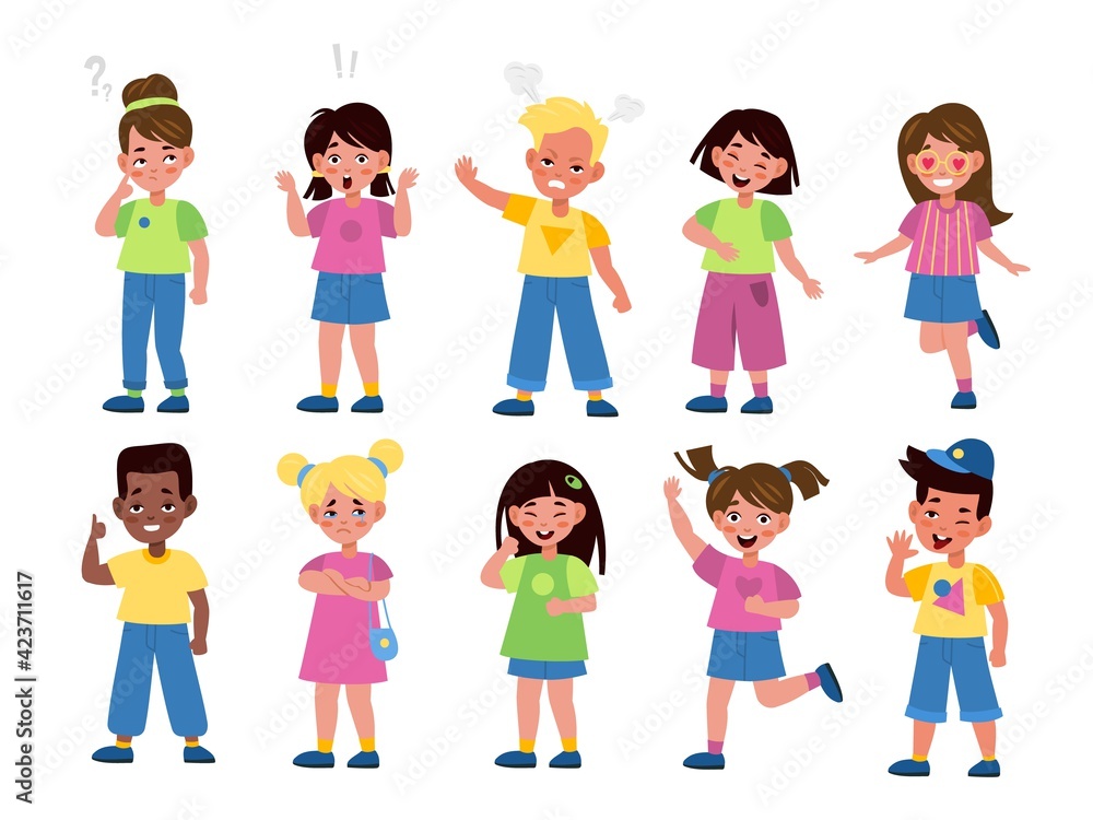 Kids emotions. International children in different moods, teens joy and anger, bored and surprised, chagrin expressions, poses in happiness and upsets. Vector cartoon set
