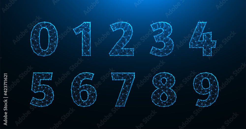 Polygonal vector illustration of numbers from zero to nine. A set of numbers made from lines and dots.