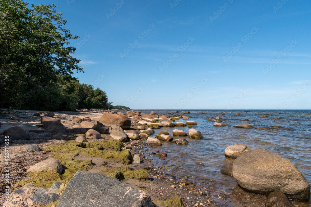 Coastline of the Baltic Sea full of big and small rocks during sunny summer day