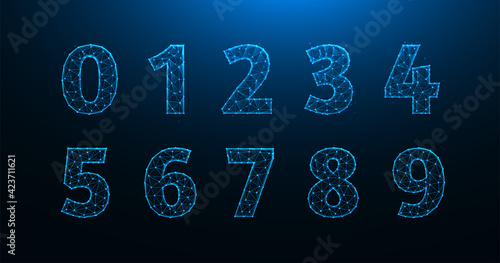 Polygonal vector illustration of numbers from zero to nine. A set of numbers made from lines and dots.