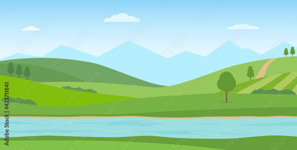 Obraz premium Panoramic summer landscape. Rural scenery with river, green hills and mountains. Vector illustration.