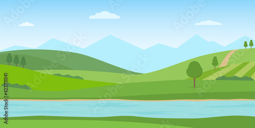 Panoramic summer landscape. Rural scenery with river, green hills and mountains. Vector illustration.