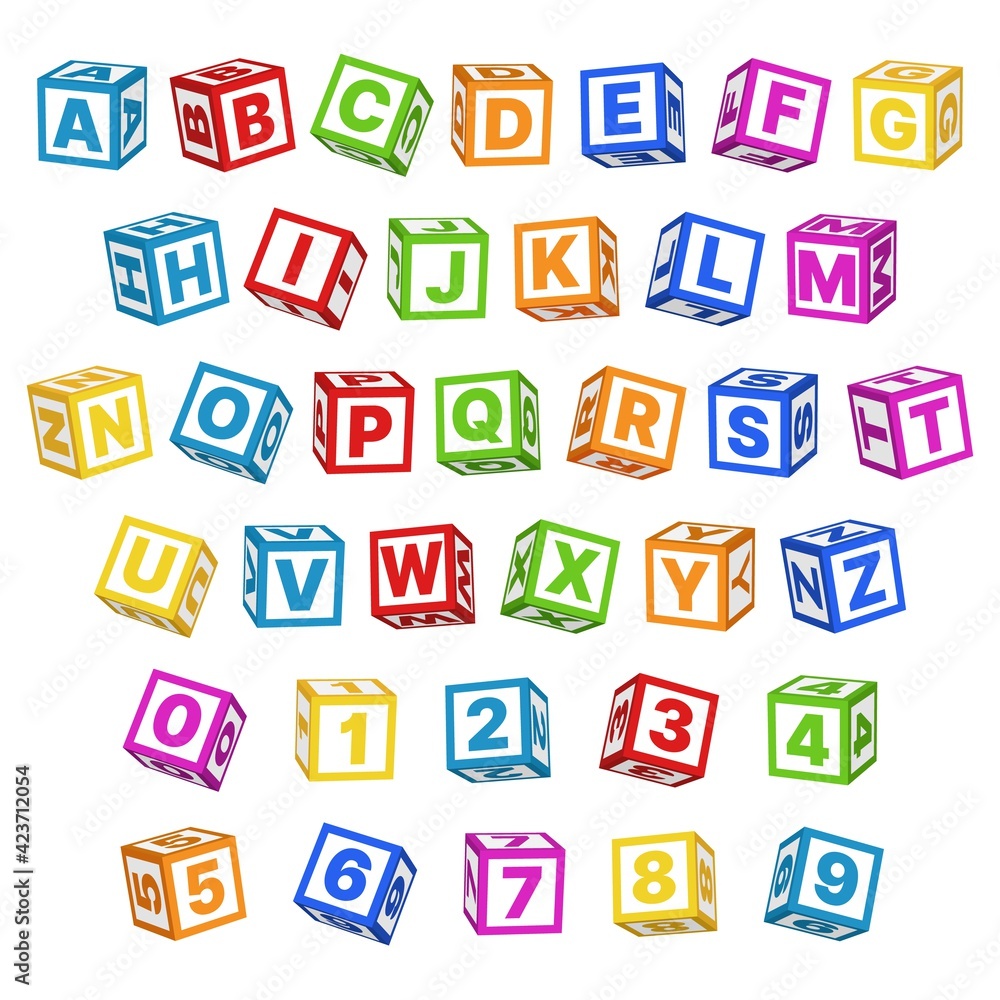 Letter blocks font. 3d children toys english alphabet, baby cubes different angles, bright color letters and numbers, cartoon multicolor typeface, kids educational items vector isolated set
