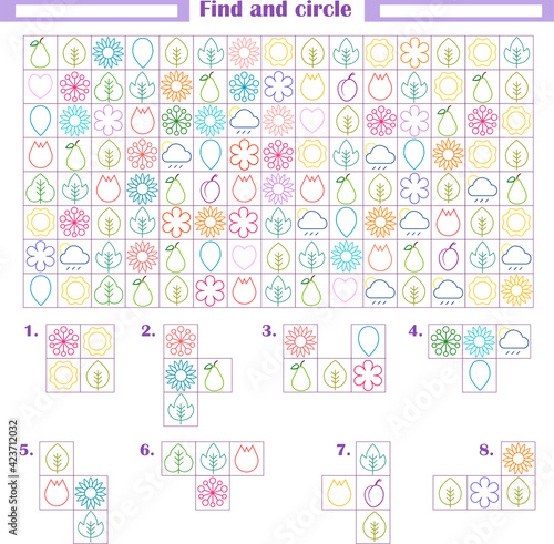   
Logic game for children. Development of attention, thinking. Find and circle the fragments shown below