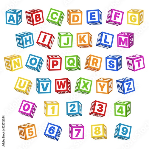 Letter blocks font. 3d children toys english alphabet, baby cubes different angles, bright color letters and numbers, cartoon multicolor typeface, kids educational items vector isolated set