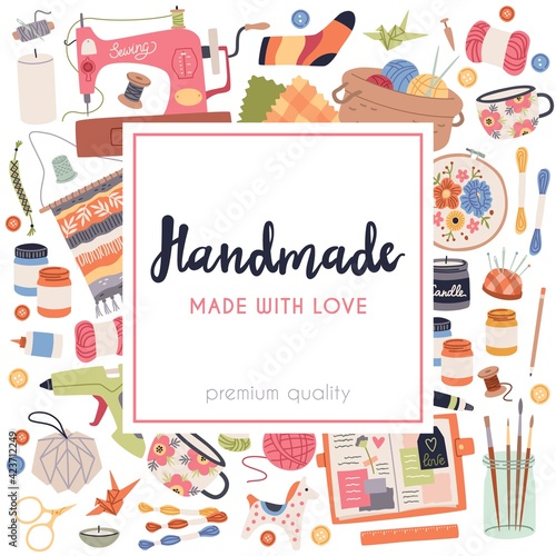 Handmade crafts. Art accessories and materials, hobby tools, cozy creative products. Embroidery, weaving and knitting. Poster for studio or shop. Vector square frame flat cartoon concept