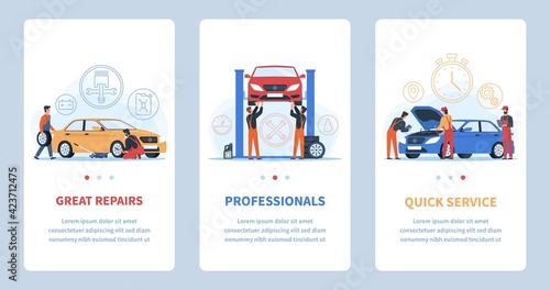 Car repair shop. Auto service app, technical maintenance vehicles collection, professionals eliminate problems, mechanics and engineers change automobile details and wheels. Vector banners