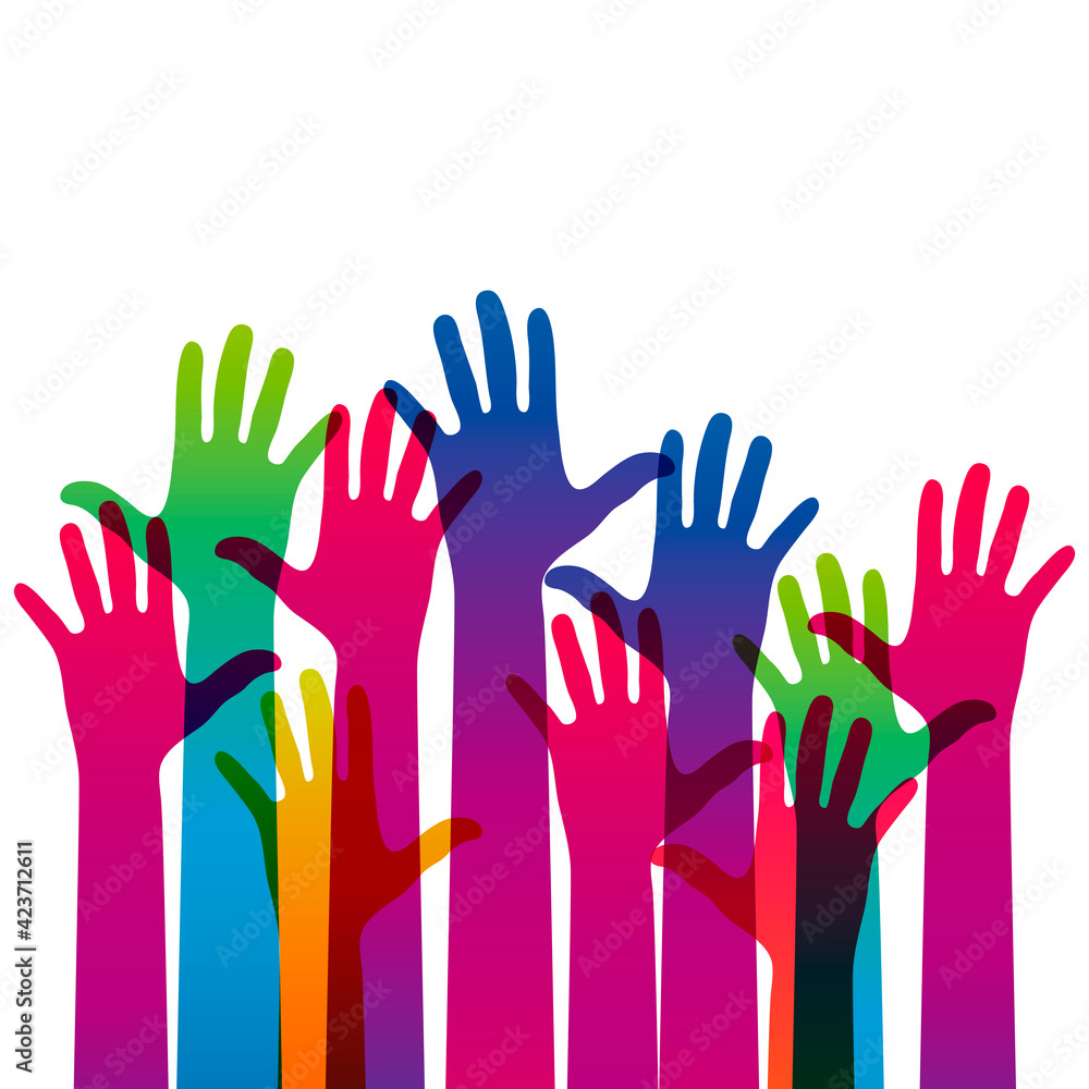Hands on a light background. Colorful silhouettes arms. Vector team, help, friendship symbol illustration. Hands on a light background. Colorful silhouettes arms. Vector team, help, friendship symbol illustration.