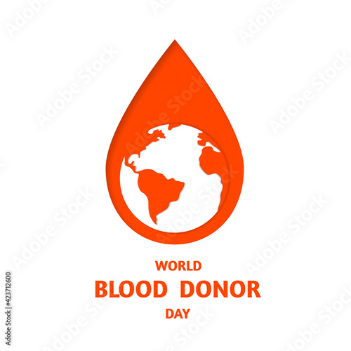 World blood donor day, planet and blood drop, banner in cut paper style. Vector stock illustration. 