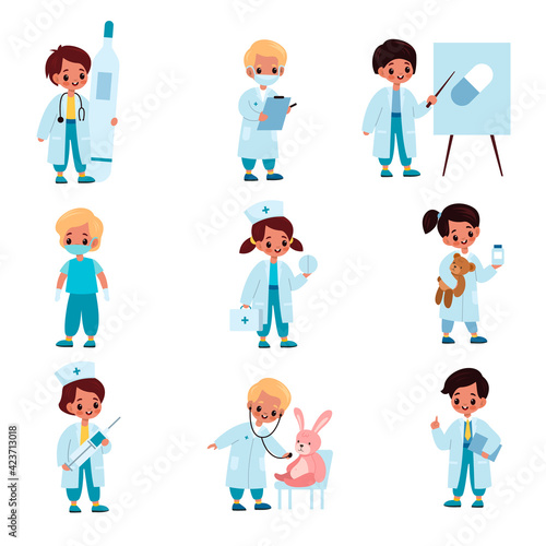 Children doctors. Kids with medical dress and tools, hospital role-playing game, toy patients at reception of therapists. Girsl and boys hold thermometer and pills vector cartoon set