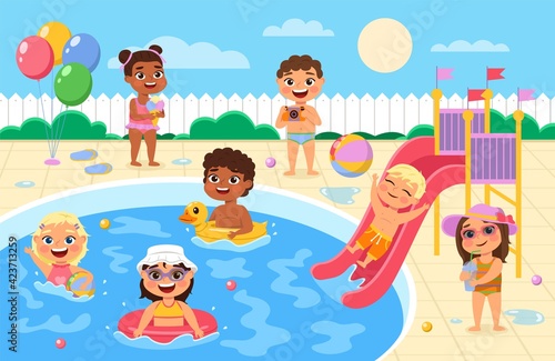 Pool party kids. Children play and swim in water park, happy boys and girls in swimsuits race down waterslide, drink juice and eat ice cream, summer sea vacation vector cartoon concept