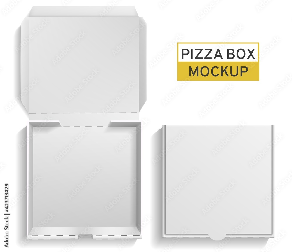 Box pizza. Closed and open square pack, top view paper white empty