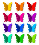 Twelve colored paper butterflies with vector shadow isolated on white background. Silhouette of a butterfly is perfect for stickers, icons, greeting cards and gift certificates