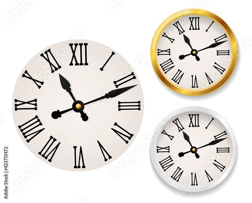 Clock face retro. Wall tower clocks with roman numerals and antique classic hands in golden and white round watch case. Elegant design vintage interior decor vector realistic set