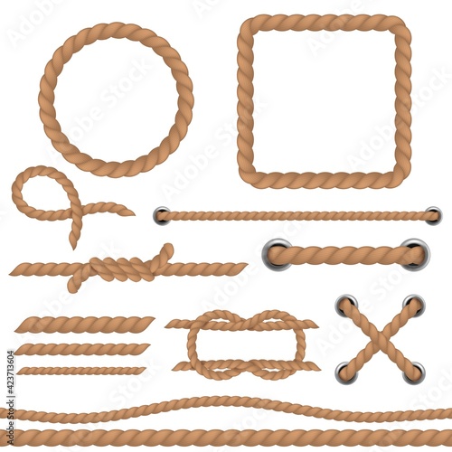 Rope brown set. Marine cord ropes realistic collection, jute or hemp cordage frames and borders, round twine loop and knot, curve and straight lasso decorative elements vector 3d vintage set