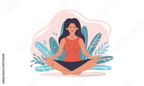 Yoga illustration with happy woman meditating on nature among the leaves. Concept of yoga, meditation, relax, recreation, healthy lifestyle. Vector illustration in flat cartoon style