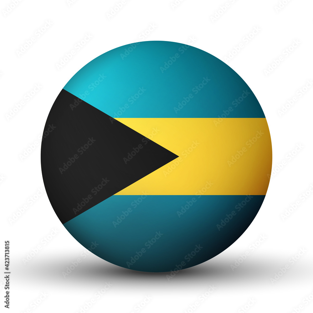 Glass light ball with flag of Bahamas. Round sphere, template icon. National symbol. Glossy realistic ball, 3D abstract vector illustration highlighted on a white background. Big bubble