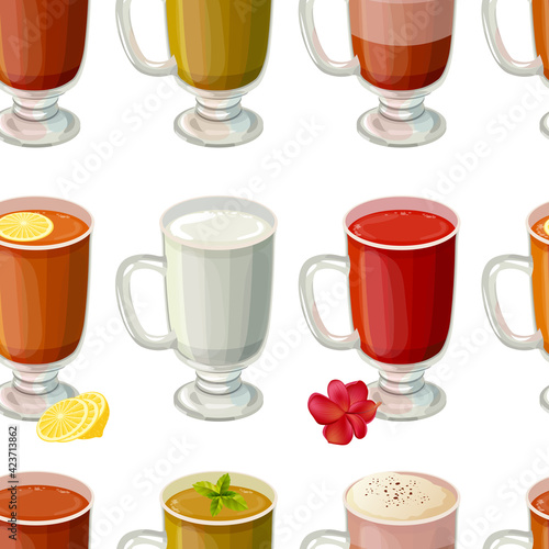 Seamless pattern with glasses full of hot drinks. Endless texture with different sorts of tea. Illustration can be used for restaurant and cafe menu and food projects.
