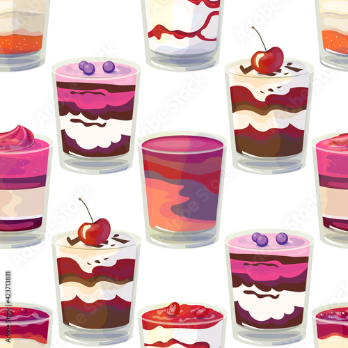 Seamless pattern with traditional English dessert trifle. Endless texture with sweet cake, fruits and cream in glass. Illustration can be used for restaurant and cafe menu and food projects.