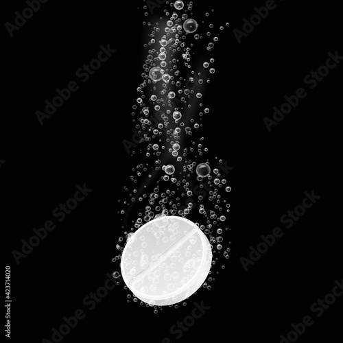 Tablet with bubbles. Dissolving effervescent aspirin pill in fizzy water. Closeup vitamin or drug in beverage, painkiller or antibiotic. Pharmacy isolated vector illustration