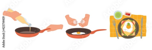 Stages of cooking scrambled eggs. Female hands cooks breakfast, pours oil into frying pan, breaks egg, top view morning tasty healthy meal. Cafe or restaurant food vector cartoon concept