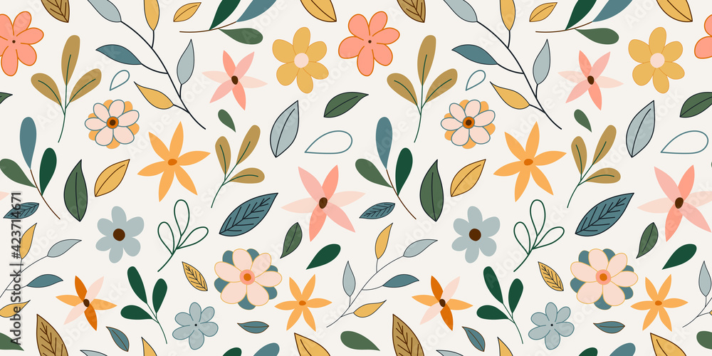 Cute flat floral background. Bright seamless pattern with wild flowers, herbs, branch and leaves. Vector pattern with flower on white background. Spring - summer collection for textile, print, fabric Cute flat floral background. Bright seamless pattern with wild flowers, herbs, branch and leaves. Vector pattern with flower on white background. Spring - summer collection for textile, print, fabric