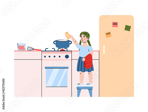 Kid girl engaged with housework - cooking at kitchen a flat vector illustration.