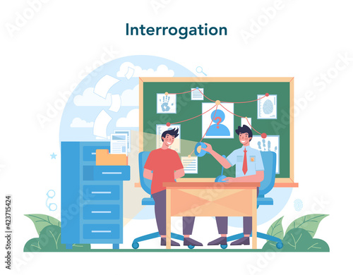 Police officer in uniform. Detective making investigation and interrogation.