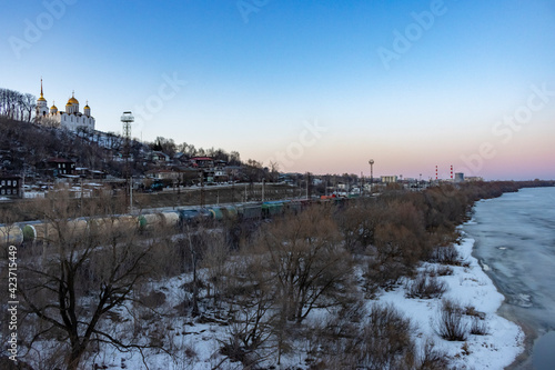 Uspensky Cathedral in the city of Vladimir on the high bank of the frozen river 