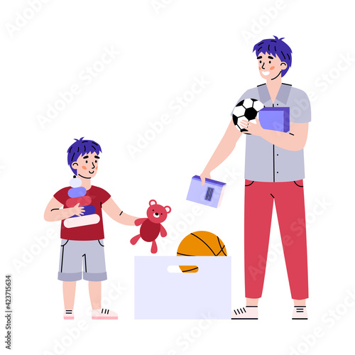 Father and son tidying up toys into box, cartoon vector illustration isolated.