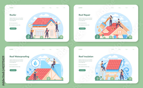 Roof construction worker web banner or landing page set. Building fixing