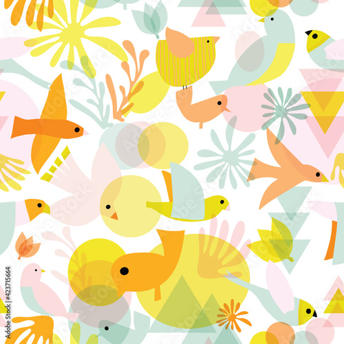 Cute birds seamless vector pattern. Abstract bird shapes collage repeating background pastel colors on white. Cute modern children design for fabric, kids wear, fashion, wallpaper, spring decor.