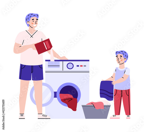 Boy and father busy with laundry together, cartoon vector illustration isolated.