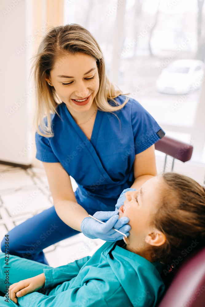 Young woman dentist with a patient, smiling. Child at a dental clinic. Young woman dentist with a patient, smiling. Child at a dental clinic.