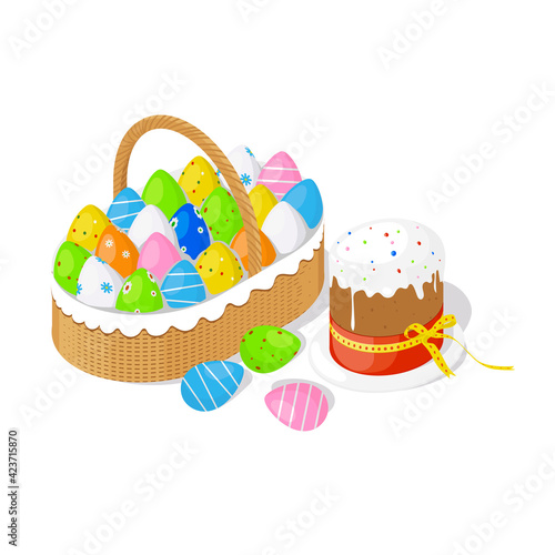 easter basket with eggs and cake isometric vector illustration