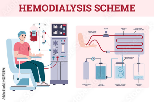 Hemodialysis renal scheme with equipment for treatment kidney diseases failure
