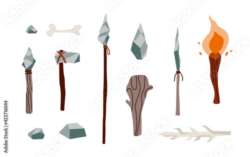 Tools and weapon of stone age, primitive prehistoric elements from rock.