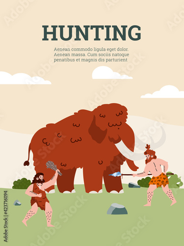 Tribe of cave primitive people stone age with prehistoric weapon hunting mammoth