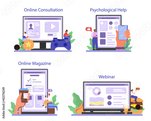 Addiction online service or platform set. Game, internet and coffee addiction