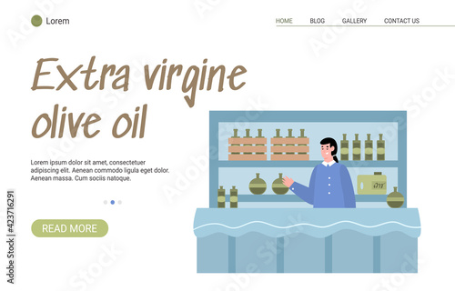 Vector landing page template for shop on sale of fresh extra virgin olive oil.