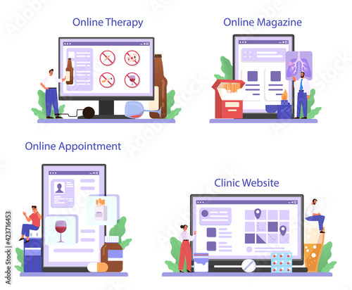 Addiction online service or platform set. Medical treatment for addicted people