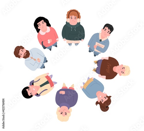 Top view on smiling standing in circle people look up a vector illustration